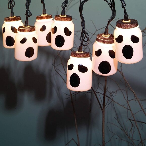 Halloween 8 LED Ghost Mason Jar Lights Indoor Use Decoration Spooky Cute Design - Picture 1 of 5